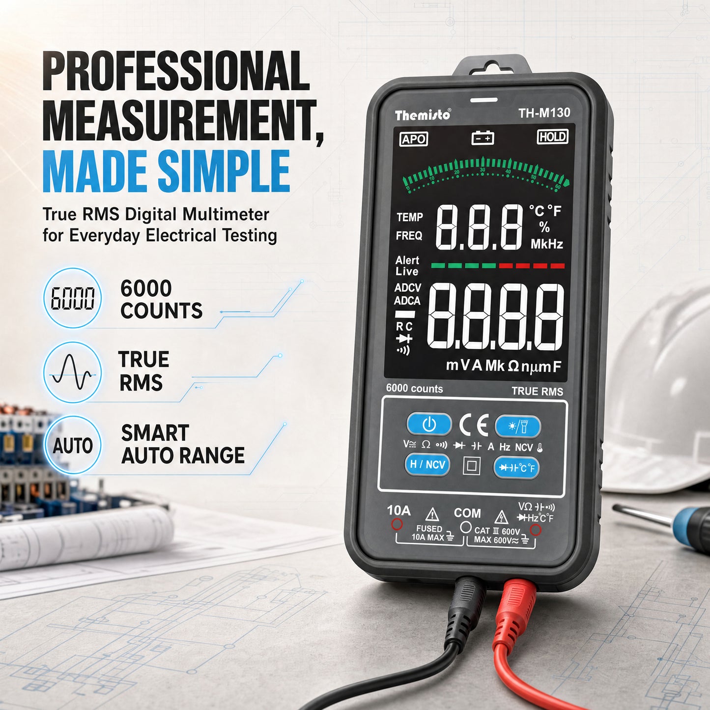 Themisto TH-M130 Smart Digital Multimeter | True RMS | 6000 Counts | Auto Ranging | AC/DC Voltage & Current | NCV | Frequency | Temperature Tester