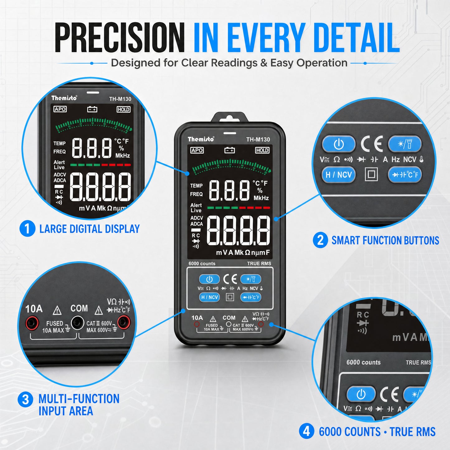 Themisto TH-M130 Smart Digital Multimeter | True RMS | 6000 Counts | Auto Ranging | AC/DC Voltage & Current | NCV | Frequency | Temperature Tester