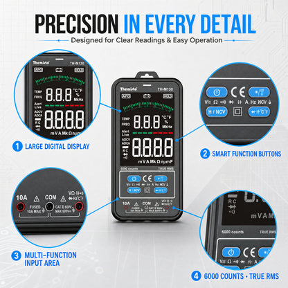 Themisto TH-M130 Smart Digital Multimeter | True RMS | 6000 Counts | Auto Ranging | AC/DC Voltage & Current | NCV | Frequency | Temperature Tester