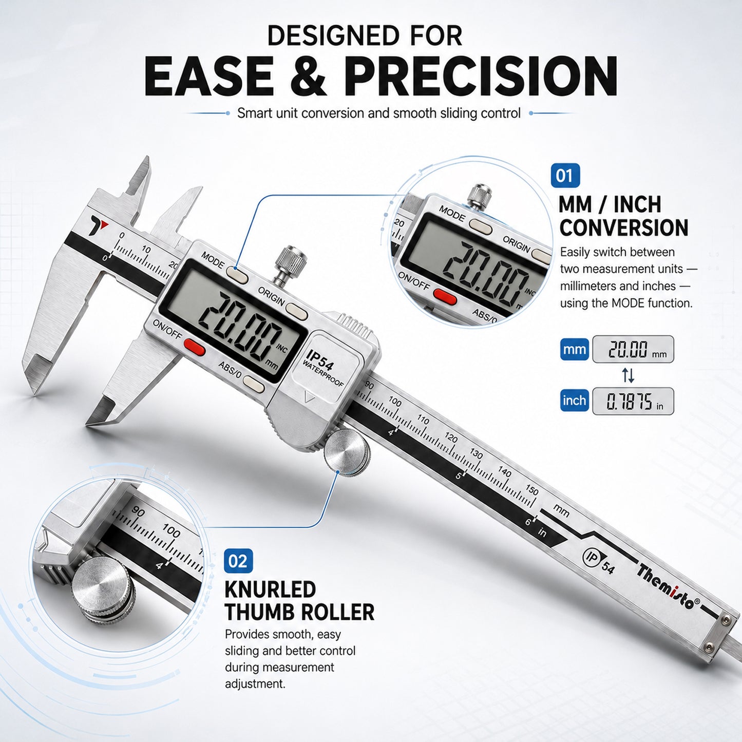 Themisto TH-M65 Digital Vernier Calliper (0–150mm) | Stainless Steel | LCD Display | 4 Measurement Modes | Inch/mm Conversion | Zero Setting | Precision Measuring Tool