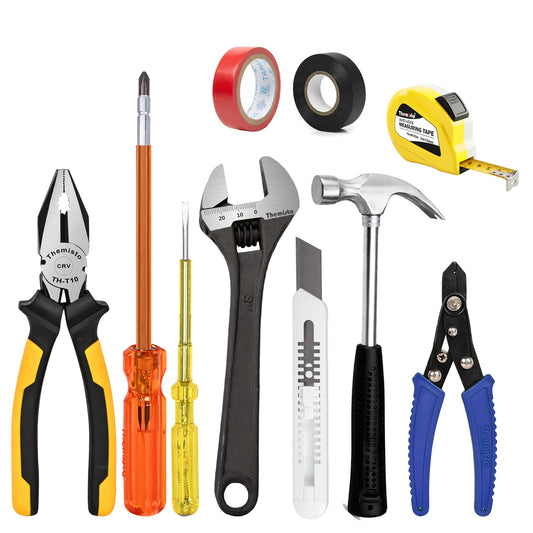 THEMISTO TH-TK04 | 10 IN 1 | Hand Tool Kit ( 8" Plier, 8" Wrench, 8" Hex Screwdriver, Electric Tester, Wire Stripper, Paper Cutter, 400g Claw hammer, 3m Measuring Tape, Black & Red Insulation Tape