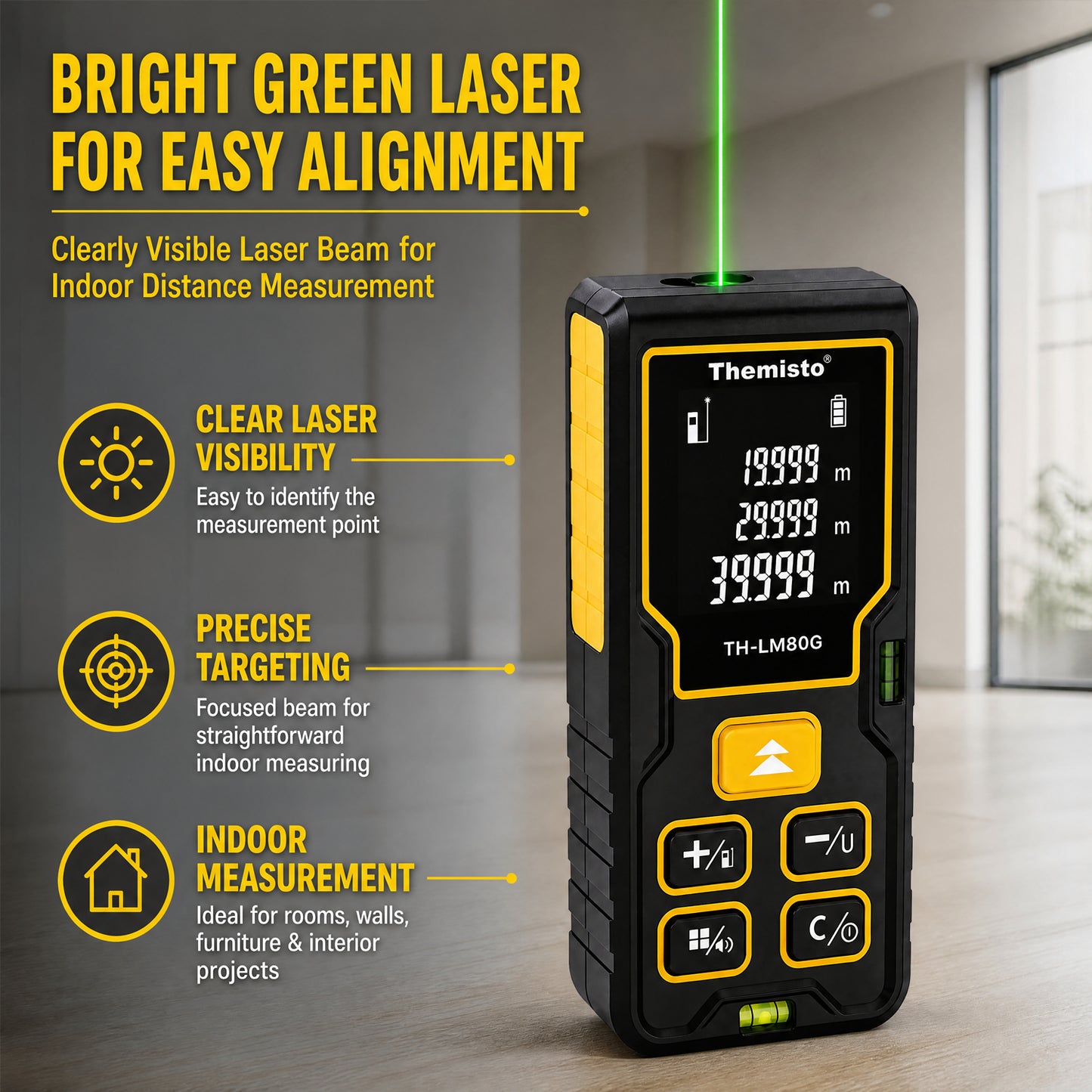 Themisto TH-LM80G Laser Distance Meter | Green Laser | 80M Range | Dual Bubble Levels | Area, Volume & Pythagorean Measurement | Backlit LCD Display | Auto Calculation