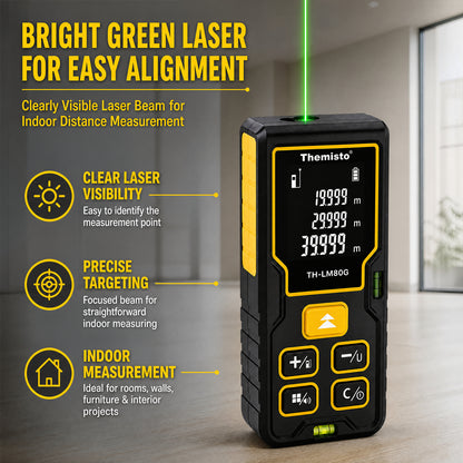 Themisto TH-LM80G Laser Distance Meter | Green Laser | 80M Range | Dual Bubble Levels | Area, Volume & Pythagorean Measurement | Backlit LCD Display | Auto Calculation