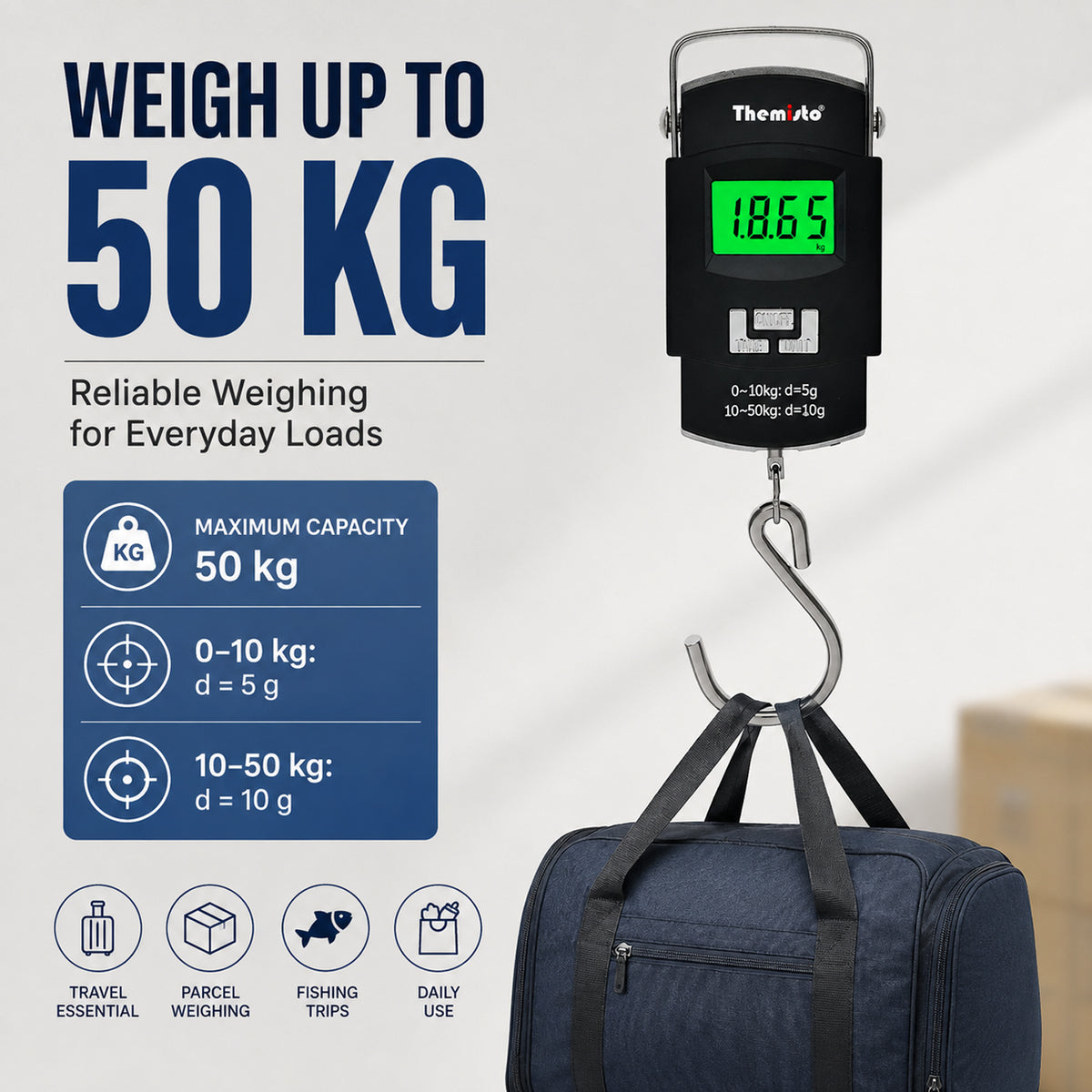 Themisto TH-WS01 Digital Hanging Luggage Scale | 50kg Portable Travel Weighing Scale with LCD Display (Black)