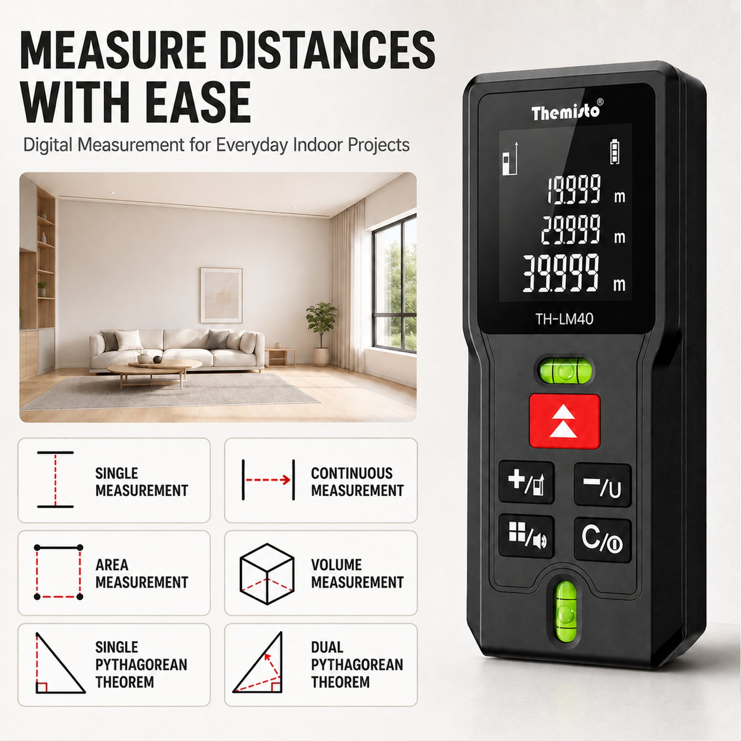 Themisto TH-LM40 Laser Distance Meter | 40M Range | Dual Bubble Levels | Area, Volume & Pythagorean Measurement | Backlit LCD Display | Auto Calculation