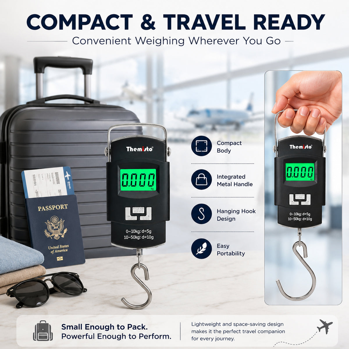 Themisto TH-WS01 Digital Hanging Luggage Scale | 50kg Portable Travel Weighing Scale with LCD Display (Black)