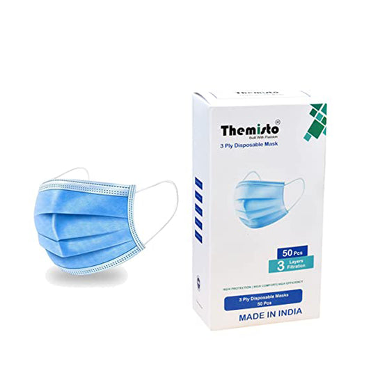 Themisto 50 PCs 3 Ply Protective Surgical Face Mask, Certified, Melt Blown - SMMS Layer Fabric, BFE >99% & PFE >99% | Disposable, Anti-Microbial, Reusable Masks with Adjustable Nose Pin