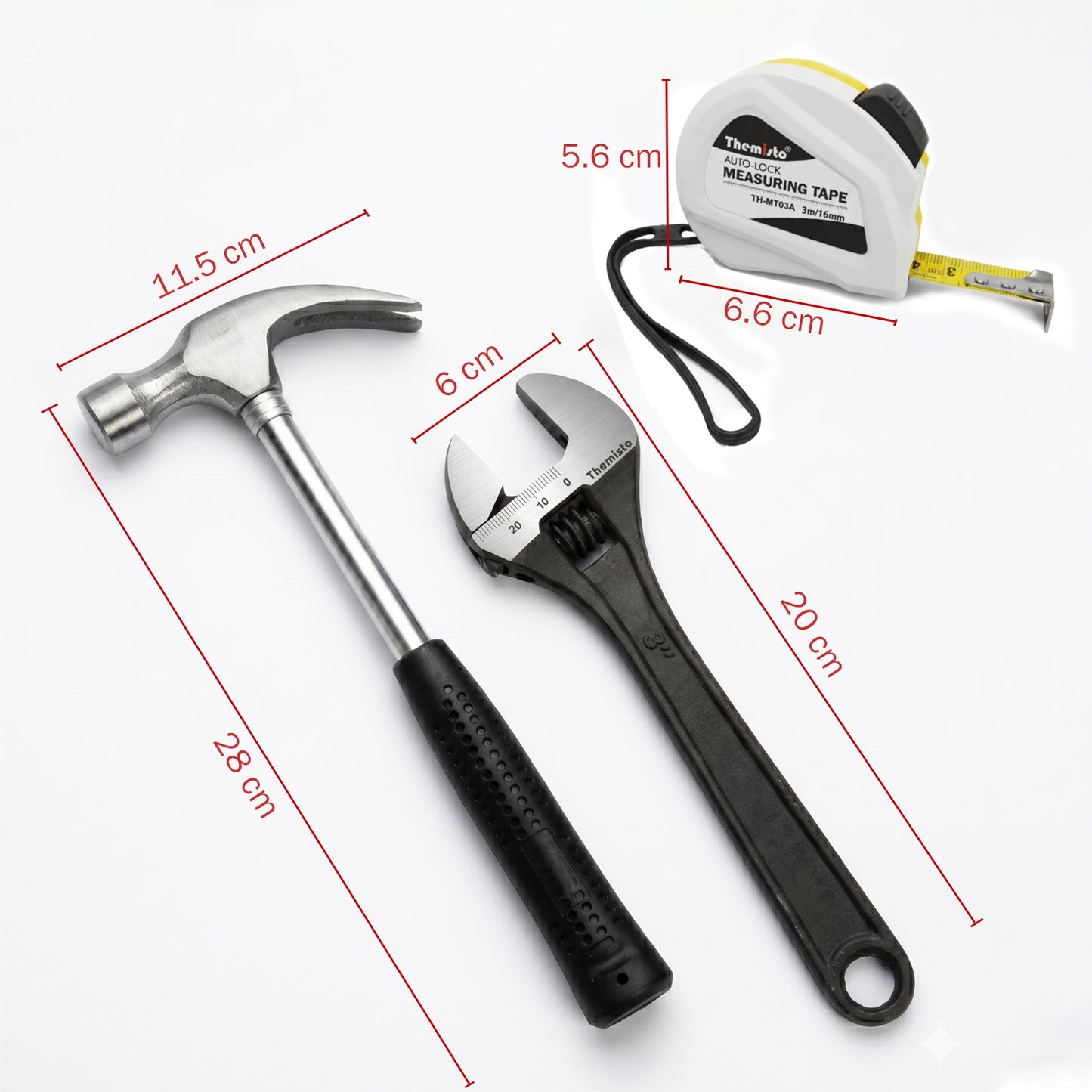 THEMISTO TH-TK04 | 10 IN 1 | Hand Tool Kit ( 8" Plier, 8" Wrench, 8" Hex Screwdriver, Electric Tester, Wire Stripper, Paper Cutter, 400g Claw hammer, 3m Measuring Tape, Black & Red Insulation Tape