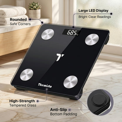 Themisto TH-WS100 Smart Body Weight Scale | Bluetooth App Sync |17 Body Parameters | Multi User Support | Accurate Tracking Ideal for Home and Gym Fitness | Black