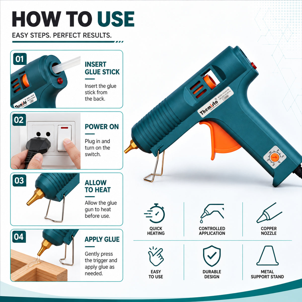 Themisto (TH-GG150) 150 Watt Hot Melt Glue Gun With 5 Yellow Glue Sticks | Military Green
