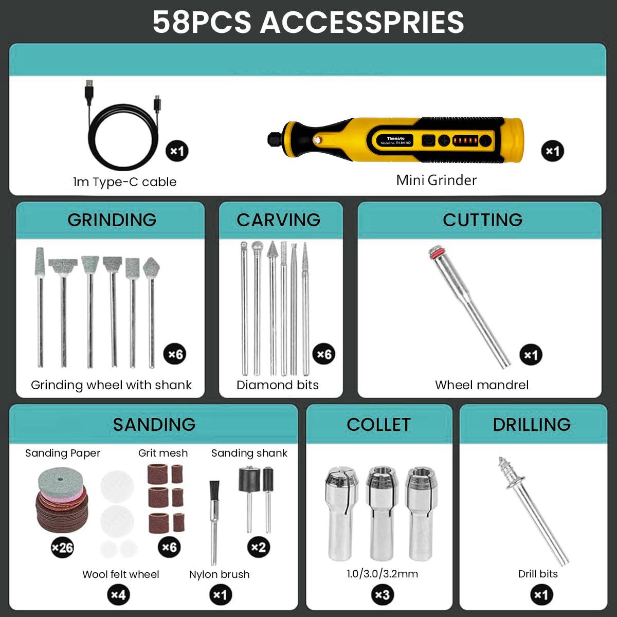 Themisto TH-RM102 Cordless Rotary Tool, Mini Grinder tool kit with 58 Accessories for DIY Crafts, Nail Art, Engraving with Variable Speed 8000-30000 RPM