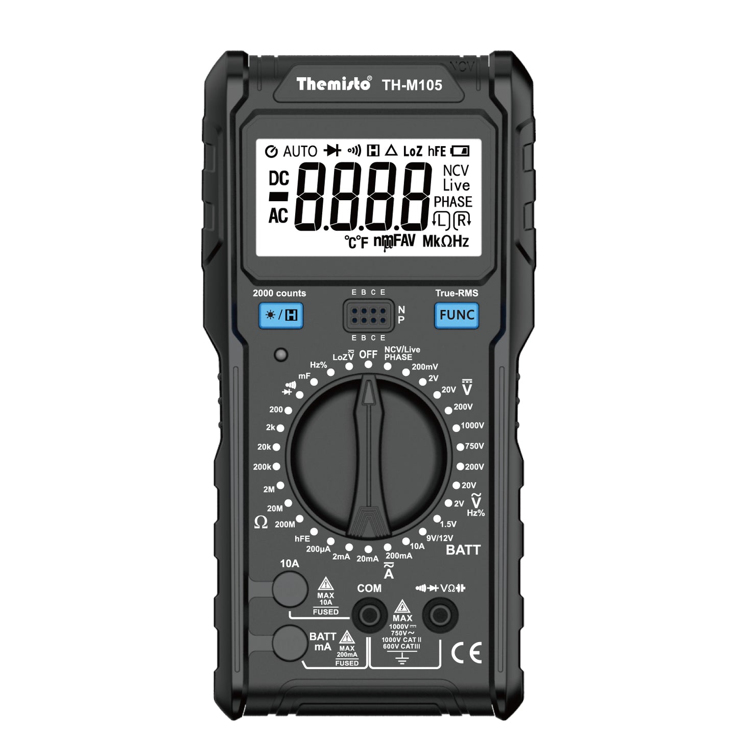 Themisto TH-M105 True RMS Digital Multimeter | 2000 Counts | AC/DC Voltage & Current | NCV | Live Phase Detection | Frequency & Temperature Tester