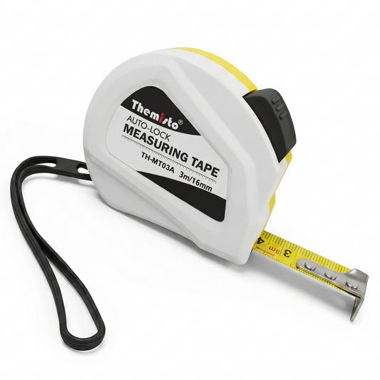 Themisto TH-MT03A 3m Auto Lock Measuring Tape | Steel Blade Tape Measure | 16mm Wide Scale | Easy Read Markings | One Button Retract | Wrist Strap | Belt Clip