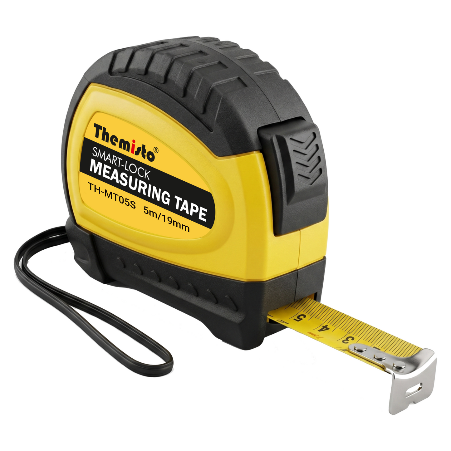 Themisto TH-MT05S 5m Smart Lock Measuring Tape | Steel Blade Tape Measure | Non Slip TPR Grip | 19mm Wide Scale | Easy Read Markings | One Button Retract | Wrist Strap | Belt Clip