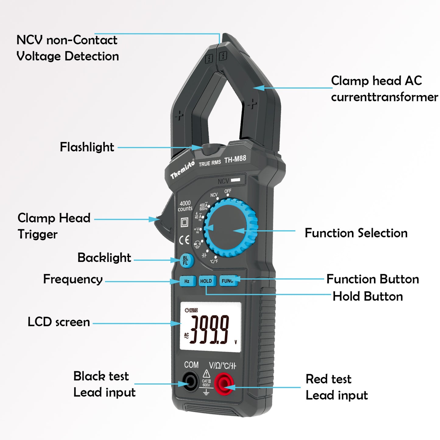 Themisto TH-M88 True RMS Digital Clamp Meter (600A,4000 Counts)