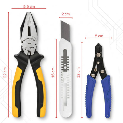 THEMISTO TH-TK04 | 10 IN 1 | Hand Tool Kit ( 8" Plier, 8" Wrench, 8" Hex Screwdriver, Electric Tester, Wire Stripper, Paper Cutter, 400g Claw hammer, 3m Measuring Tape, Black & Red Insulation Tape