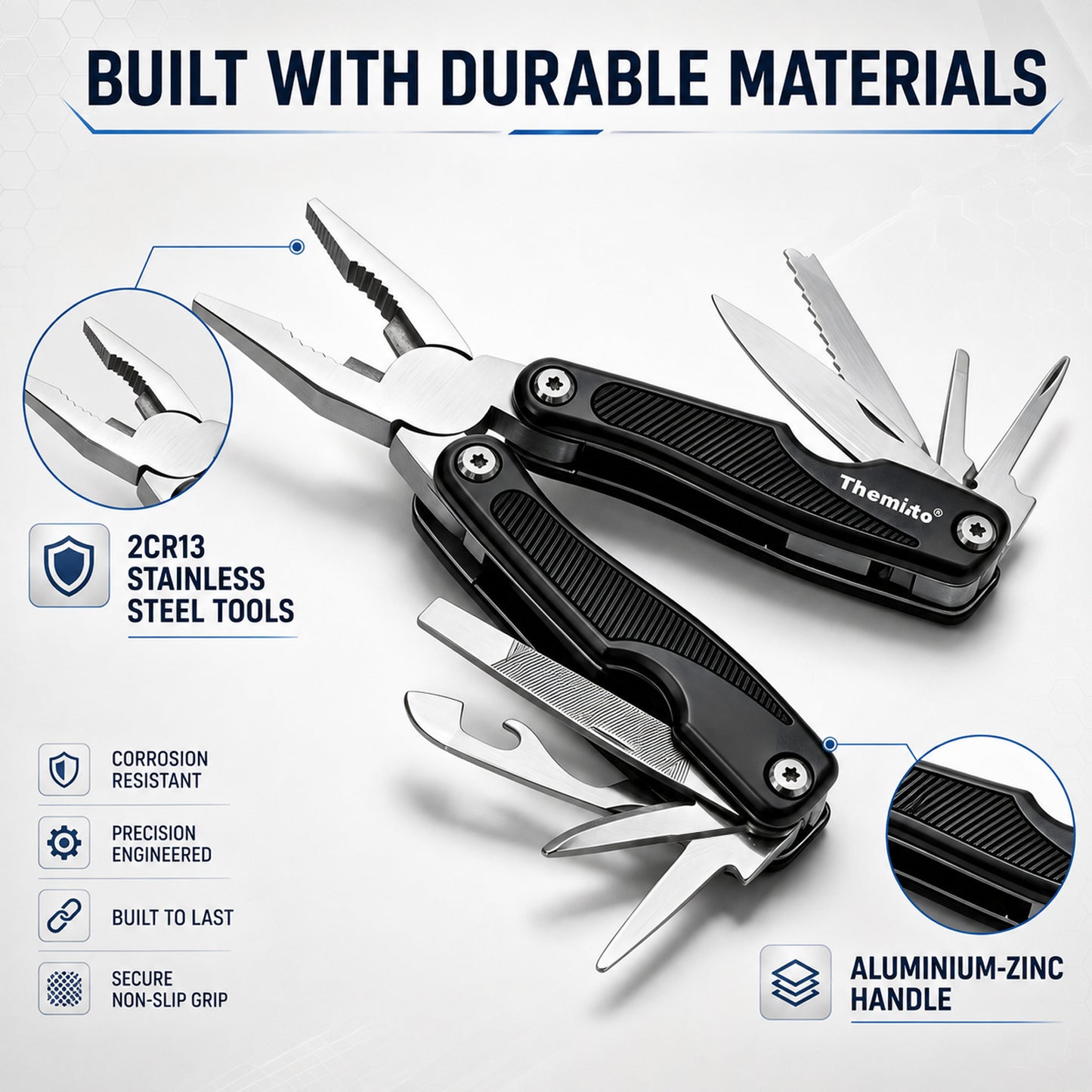 THEMISTO TH-T45 9-in-1 Multi Tool Pliers, Folding Multi Functional Hand Tool with Pliers, Knife, Saw, File, Screwdrivers & Bottle Opener, Portable Tool for DIY, Camping, Outdoor & Home Repairs