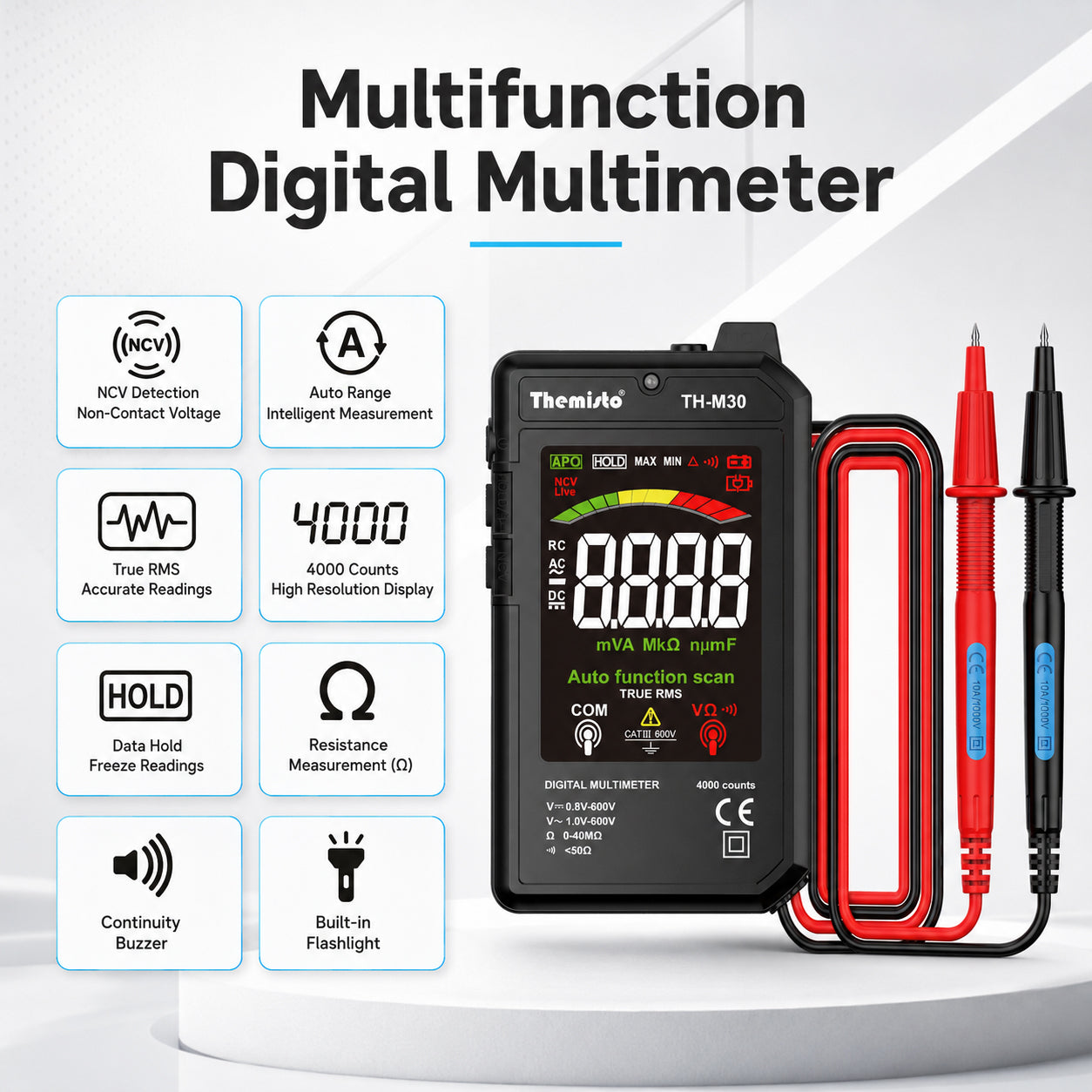 Themisto TH-M30 Smart Digital Multimeter | True RMS | 4000 Counts | Auto Function Scan | NCV Live Detection | AC/DC Voltage Tester | Resistance, Continuity Tester | LCD Display with Test Leads