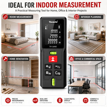 Themisto TH-LM40 Laser Distance Meter | 40M Range | Dual Bubble Levels | Area, Volume & Pythagorean Measurement | Backlit LCD Display | Auto Calculation