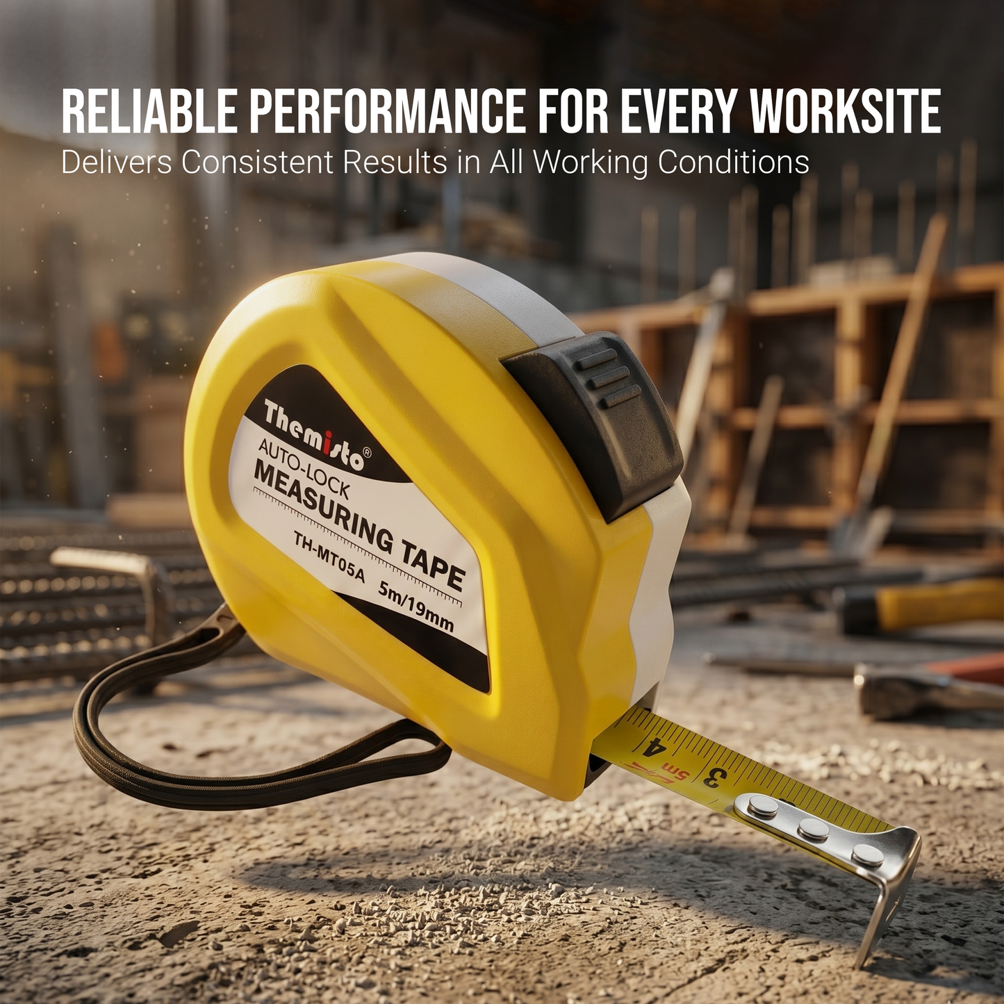 Themisto TH-MT05A 5m Auto Lock Measuring Tape | Steel Blade Tape Measure | 19mm Wide Scale | Easy Read Markings | One Button Retract | Wrist Strap | Belt Clip
