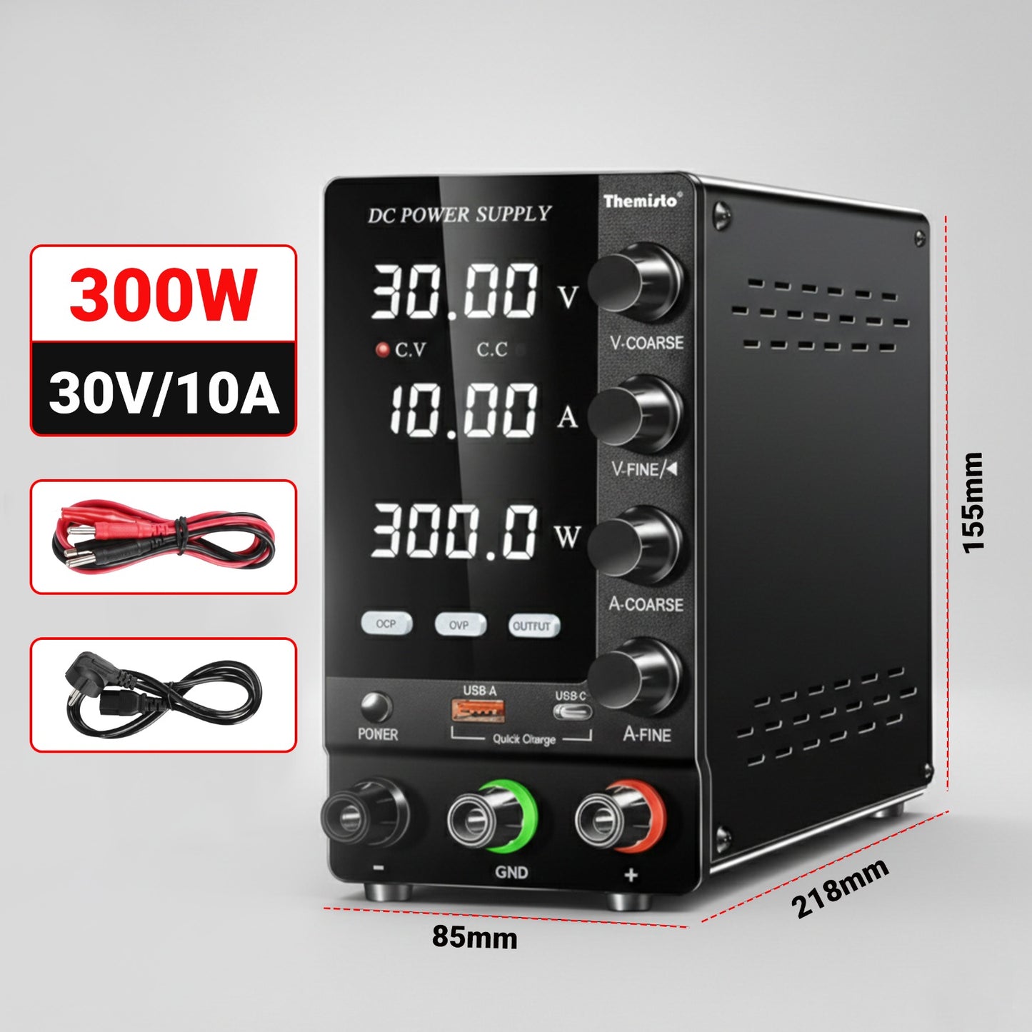 Themisto TH-SPS3010S Adjustable DC Bench Power Supply 0–30V 0–10A, Regulated Switching Power Source with 5V/2A USB Output, 300W High Precision Lab Power Unit