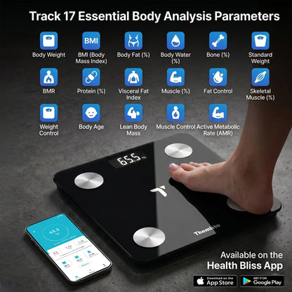 Themisto TH-WS100 Smart Body Weight Scale | Bluetooth App Sync |17 Body Parameters | Multi User Support | Accurate Tracking Ideal for Home and Gym Fitness | Black