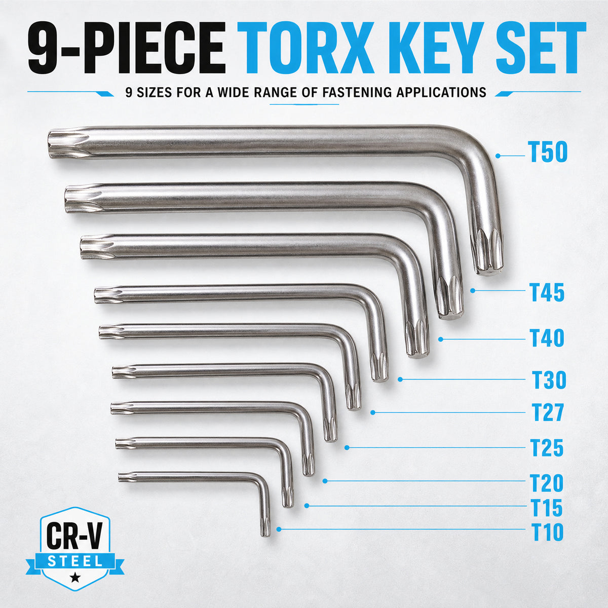 THEMISTO TH-T09T 9 Pcs CR-V Torx Key Set | L-Shaped Star Key Set | Chrome Vanadium Steel | Hex/Torx Wrench Set with Storage Holder