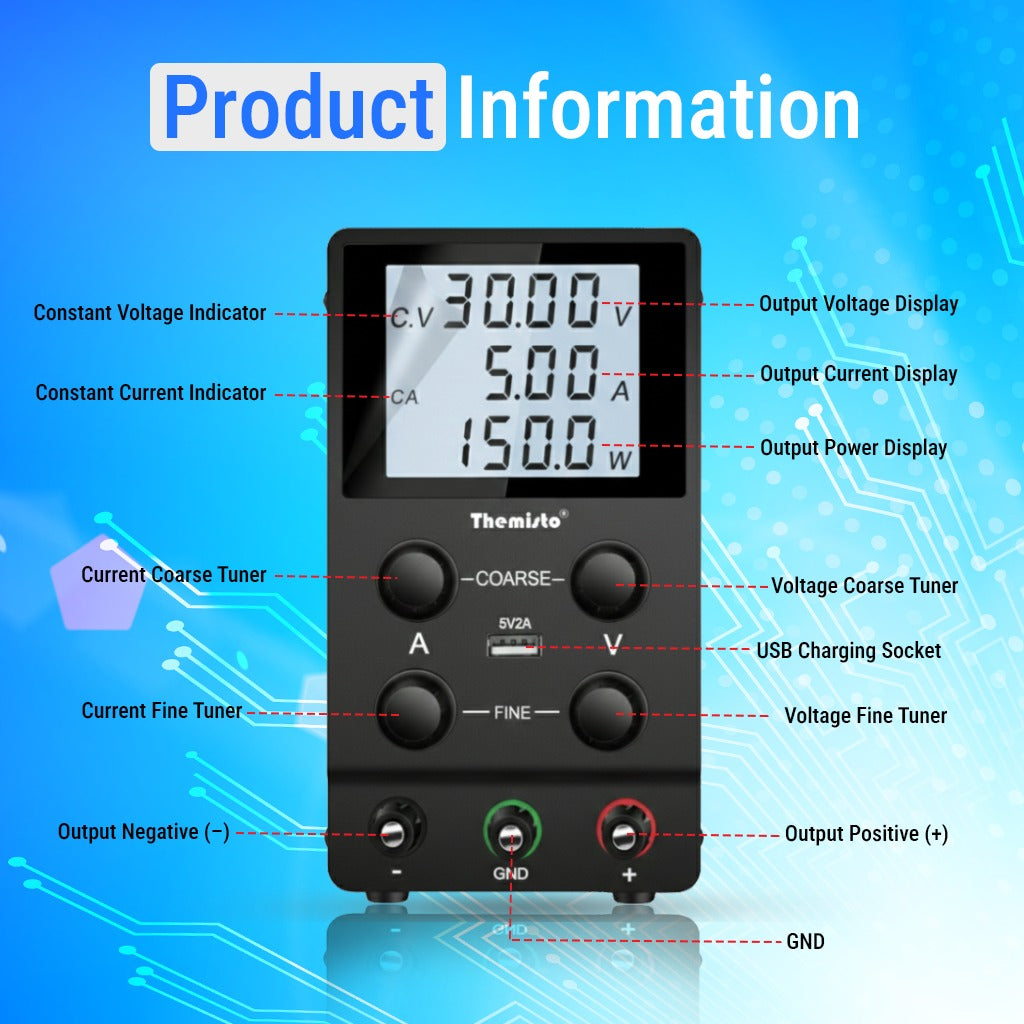 Themisto TH-SPS305D Adjustable DC Bench Power Supply 0–30V 0–5A, Regulated Switching Power Source with 5V/2A USB Output, 150W High Precision Lab Power Unit