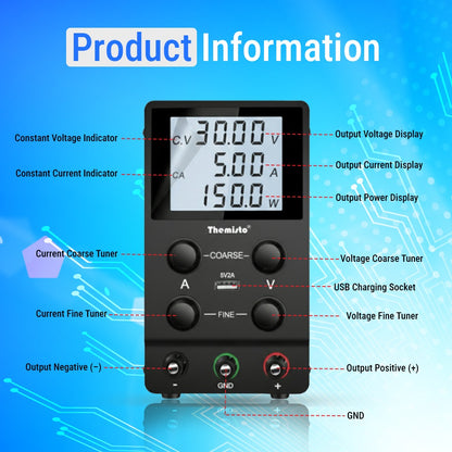 Themisto TH-SPS305D Adjustable DC Bench Power Supply 0–30V 0–5A, Regulated Switching Power Source with 5V/2A USB Output, 150W High Precision Lab Power Unit