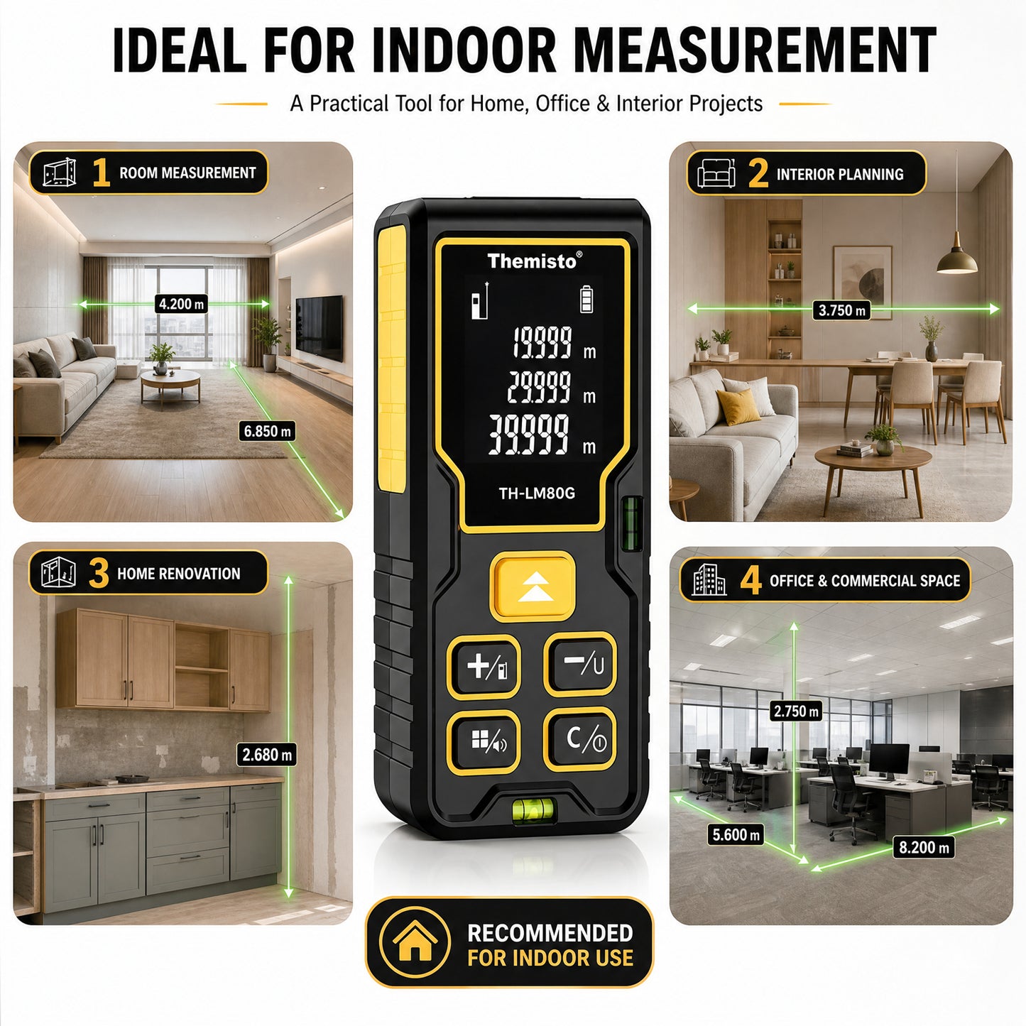 Themisto TH-LM80G Laser Distance Meter | Green Laser | 80M Range | Dual Bubble Levels | Area, Volume & Pythagorean Measurement | Backlit LCD Display | Auto Calculation