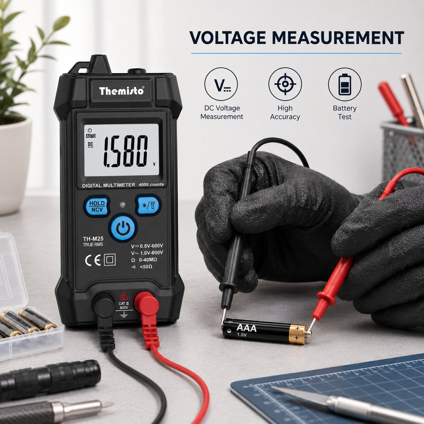 Themisto TH-M25 Digital Smart Multimeter | True RMS | 4000 Counts | Auto Detection | NCV Live Wire Detection | AC/DC Voltage Tester | Resistance & Continuity Tester | Backlit LCD Display