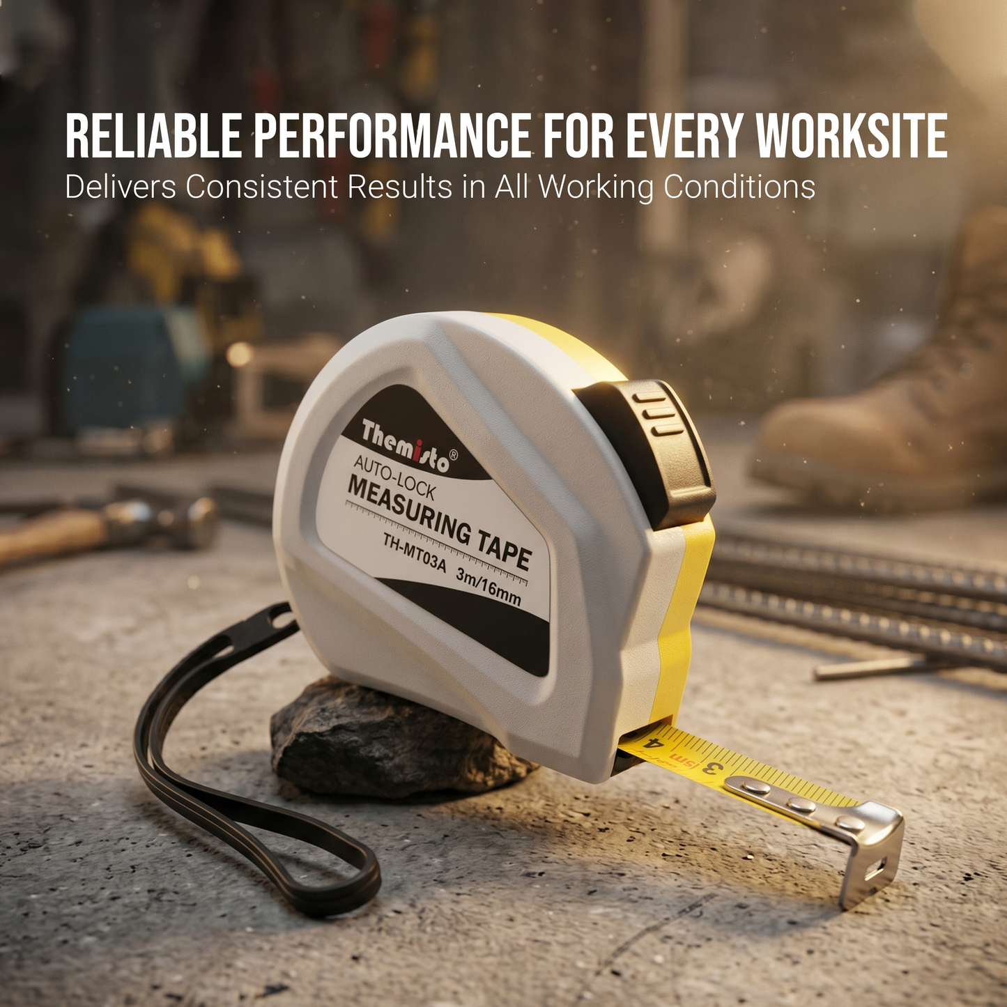 Themisto TH-MT03A 3m Auto Lock Measuring Tape | Steel Blade Tape Measure | 16mm Wide Scale | Easy Read Markings | One Button Retract | Wrist Strap | Belt Clip