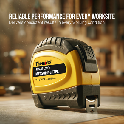 Themisto TH-MT07S 7.5m Smart Lock Measuring Tape | Steel Blade Tape Measure | Non Slip TPR Grip | 25mm Wide Scale | Easy Read Markings | One Button Retract | Wrist Strap | Belt Clip