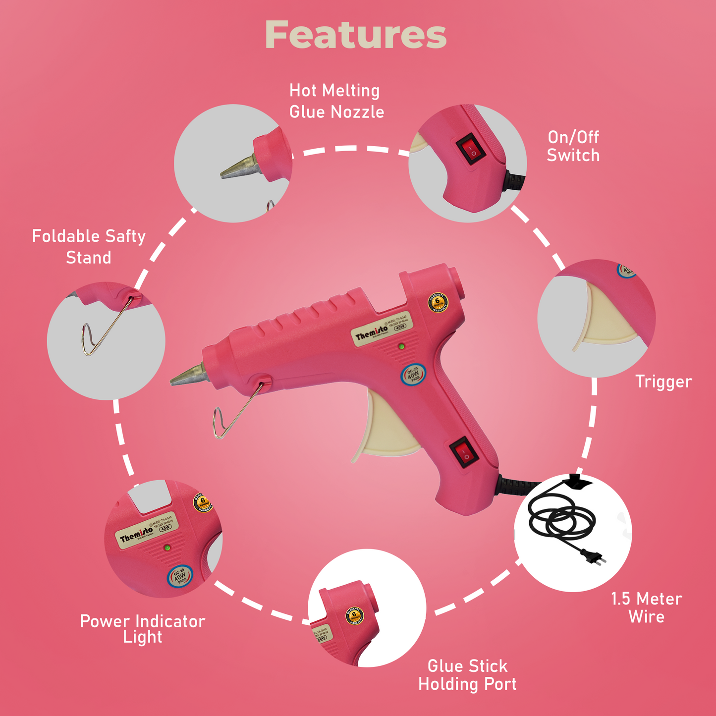 Themisto 40W Anti-Drip Glue Gun with 5 Piece Sticks (Pink)
