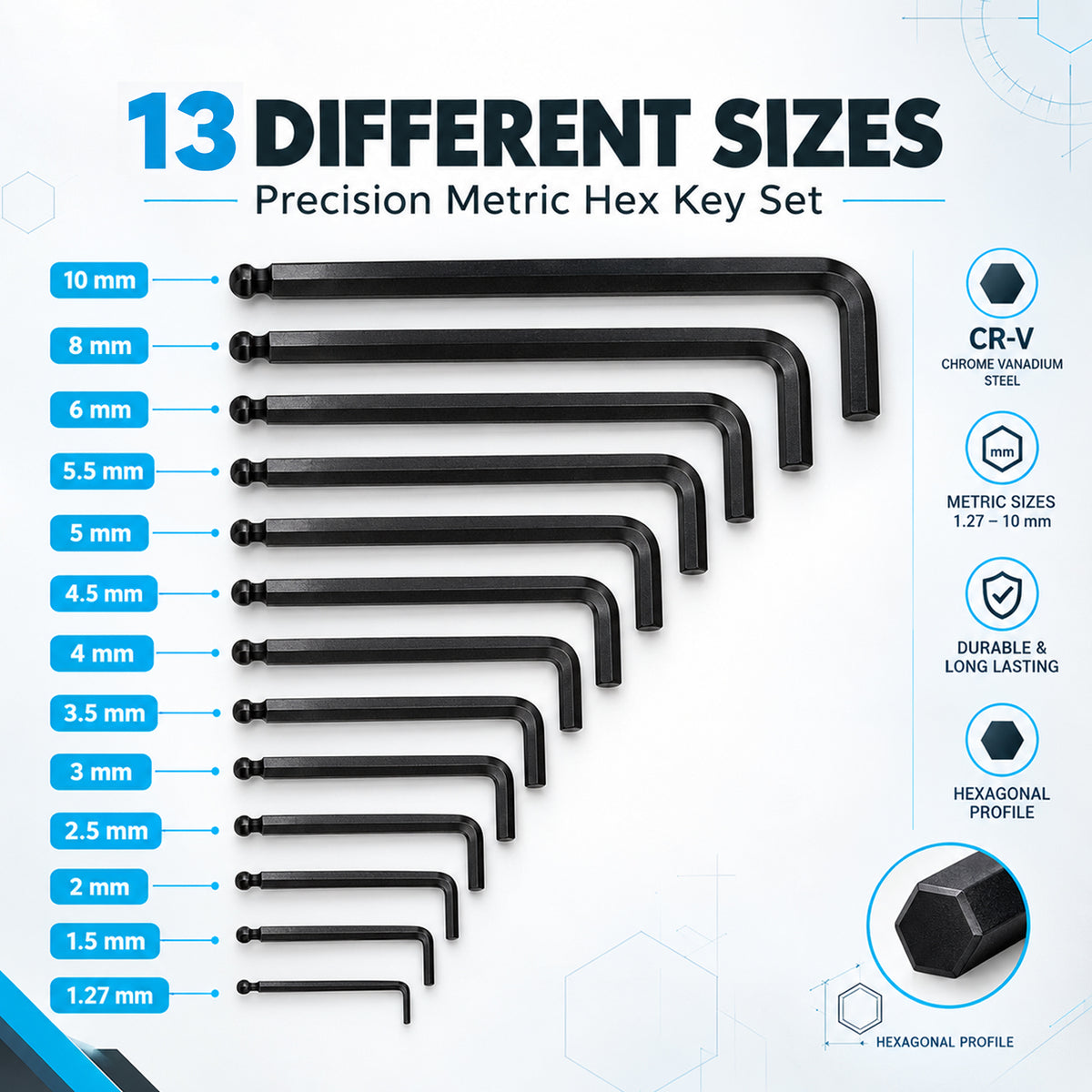 Themisto TH-T113M 13 Pcs Metric Hex Key Set | Allen Key Set | L-Shaped Hex Wrenches | MM Size Set with Storage Holder