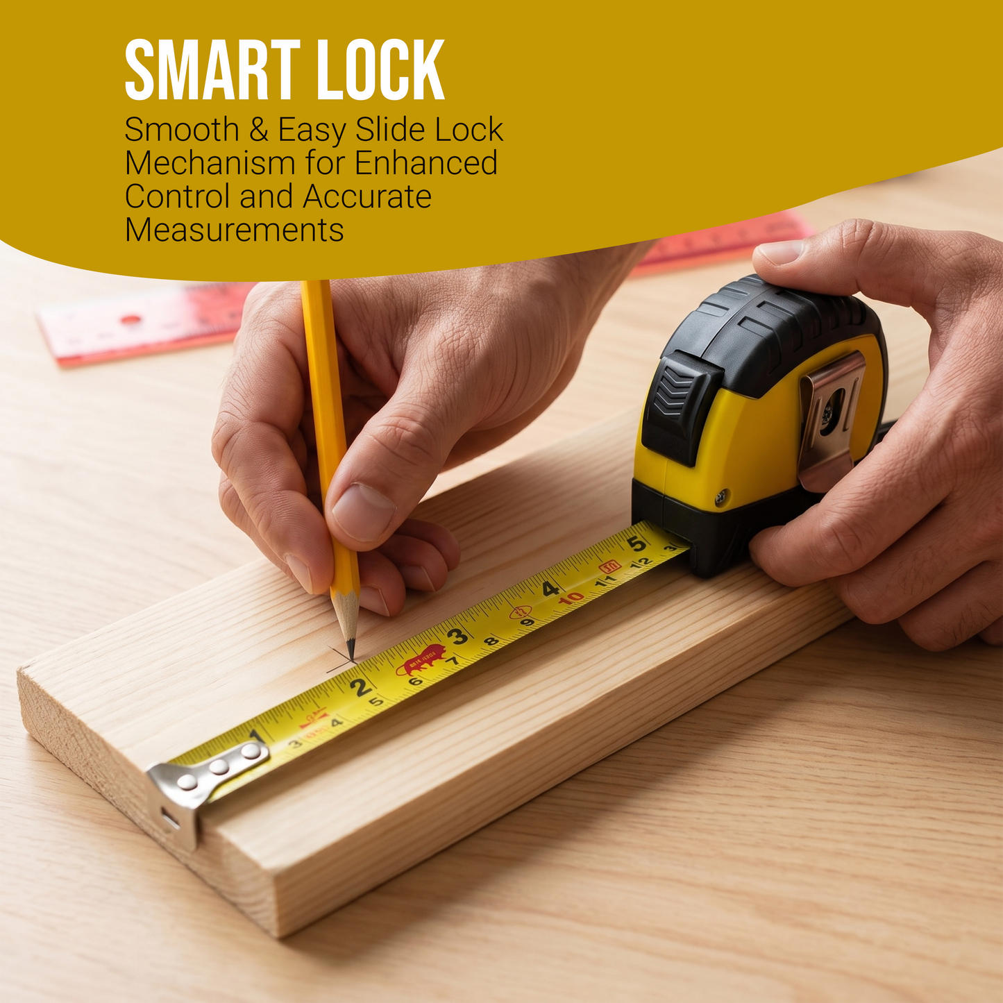 Themisto TH-MT05S 5m Smart Lock Measuring Tape | Steel Blade Tape Measure | Non Slip TPR Grip | 19mm Wide Scale | Easy Read Markings | One Button Retract | Wrist Strap | Belt Clip