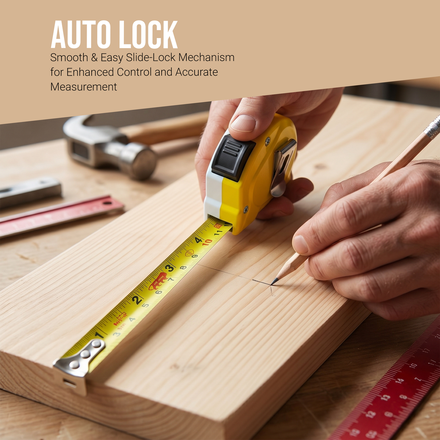 Themisto TH-MT03A 3m Auto Lock Measuring Tape | Steel Blade Tape Measure | 16mm Wide Scale | Easy Read Markings | One Button Retract | Wrist Strap | Belt Clip