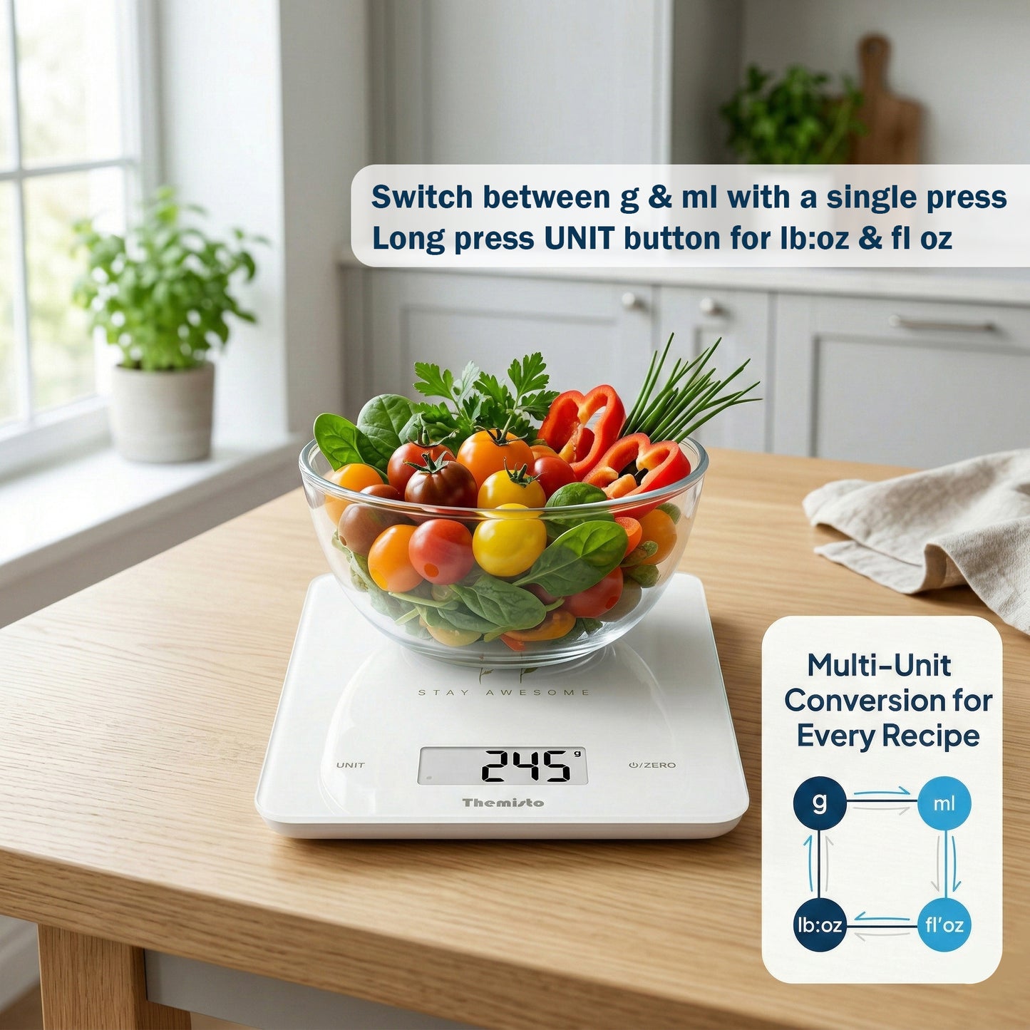Themisto TH-WS19  Digital Kitchen Weighing Scale With Touch Screen Controls | Max Capacity 5kg | Tempered Glass | Tare Function