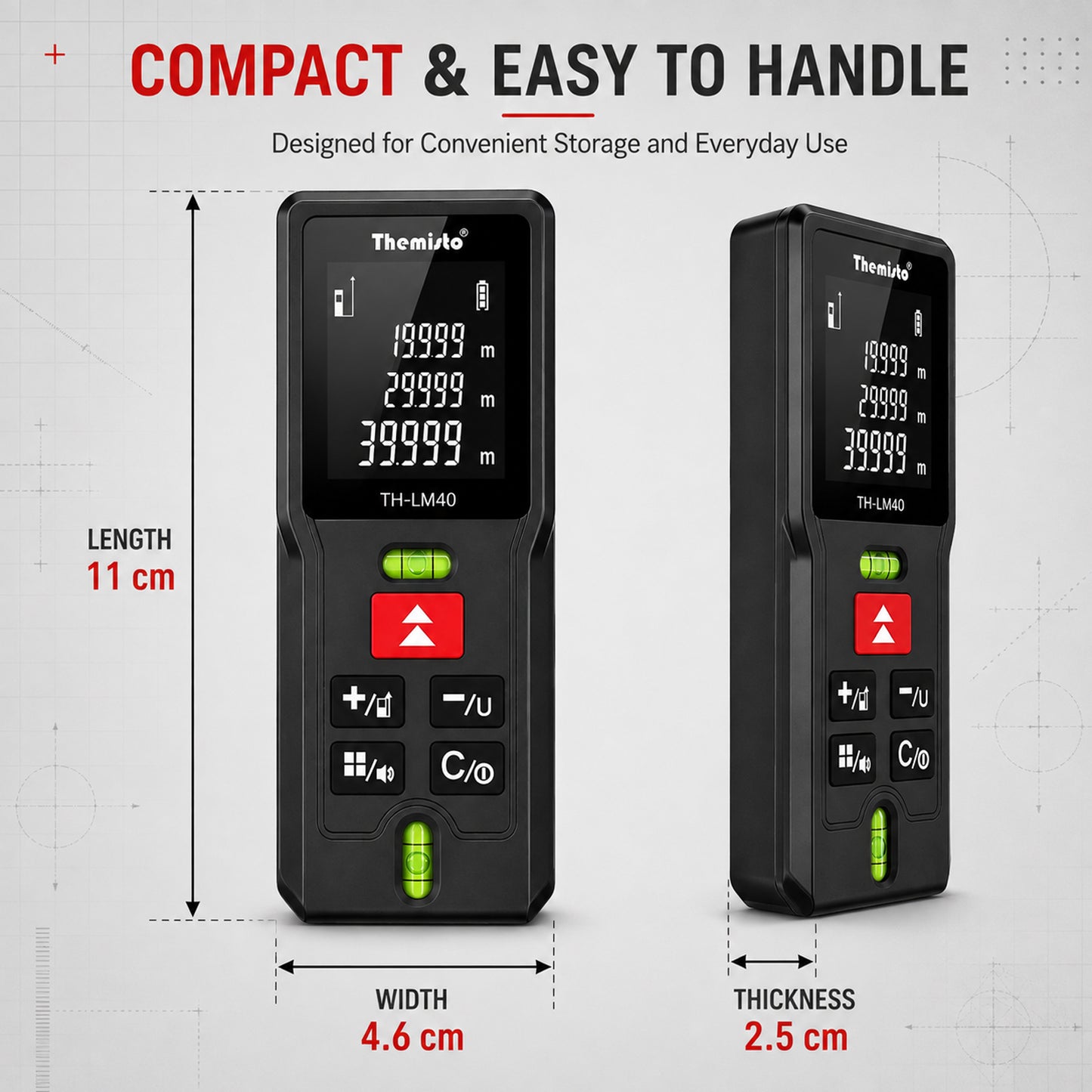 Themisto TH-LM40 Laser Distance Meter | 40M Range | Dual Bubble Levels | Area, Volume & Pythagorean Measurement | Backlit LCD Display | Auto Calculation