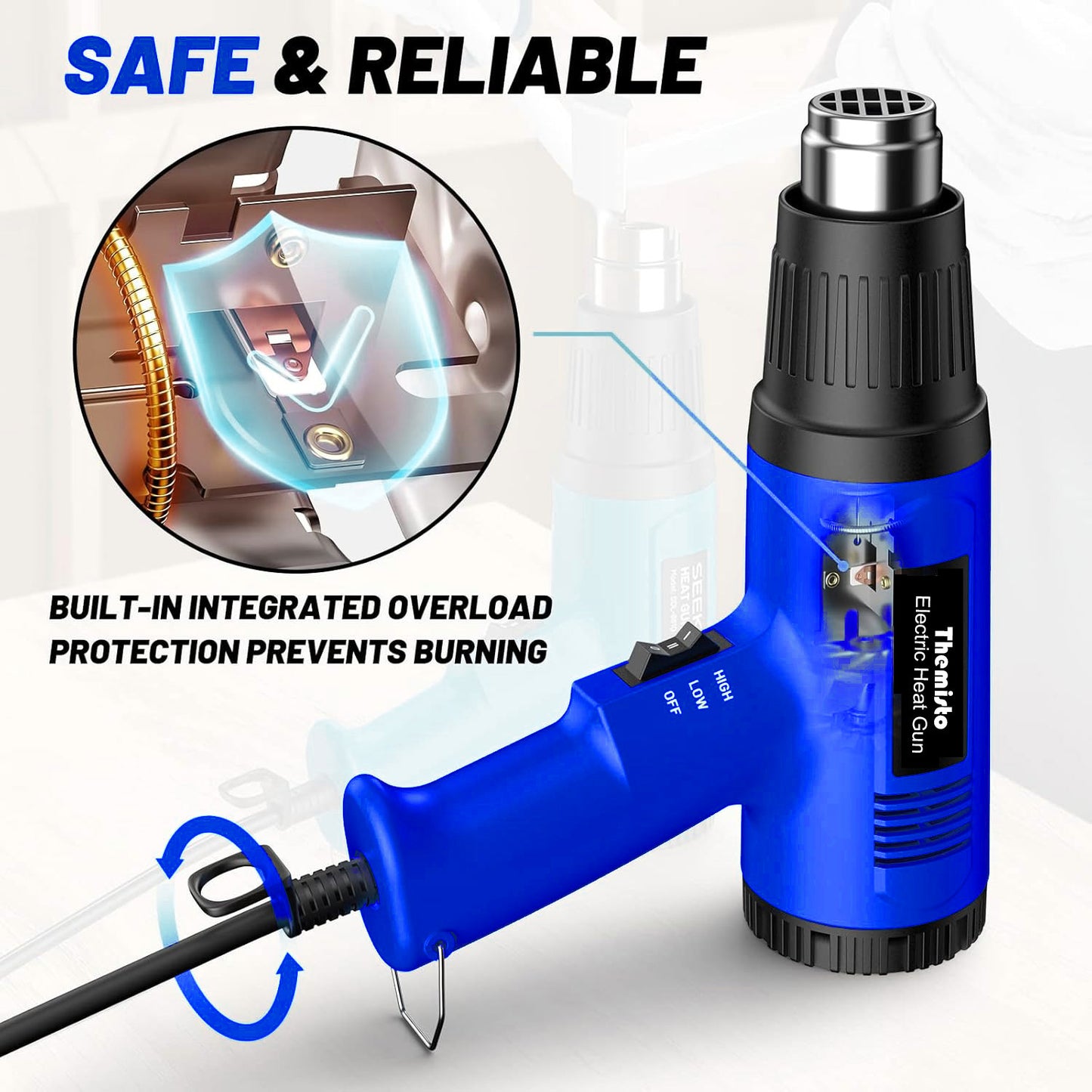Themisto TH-HG100 1800W High Speed Heat Gun Machine | Dual Temperature 350°C to 550°C | Copper Motor | Extra Long Nozzle for Safety | Hot Air Gun