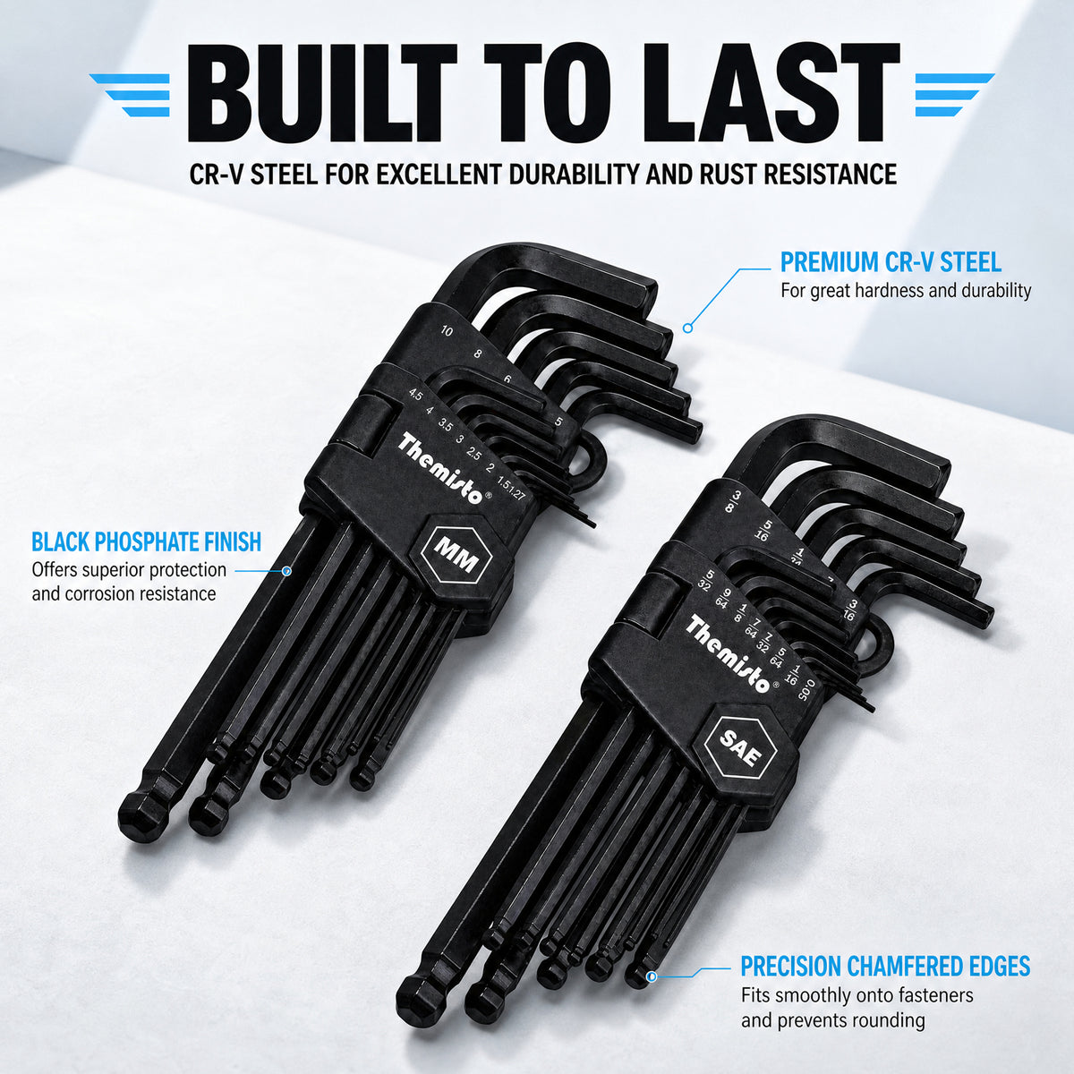 THEMISTO TH-T126 26 Pcs Allen Key Set | Metric & SAE Inch Hex Key Set | L-Shaped Hex Wrenches | MM & Inch Sizes | Storage Holder
