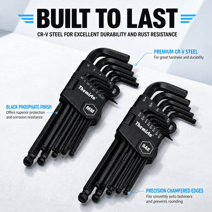 THEMISTO TH-T126 26 Pcs Allen Key Set | Metric & SAE Inch Hex Key Set | L-Shaped Hex Wrenches | MM & Inch Sizes | Storage Holder