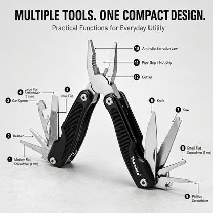 THEMISTO TH-T45 9-in-1 Multi Tool Pliers, Folding Multi Functional Hand Tool with Pliers, Knife, Saw, File, Screwdrivers & Bottle Opener, Portable Tool for DIY, Camping, Outdoor & Home Repairs