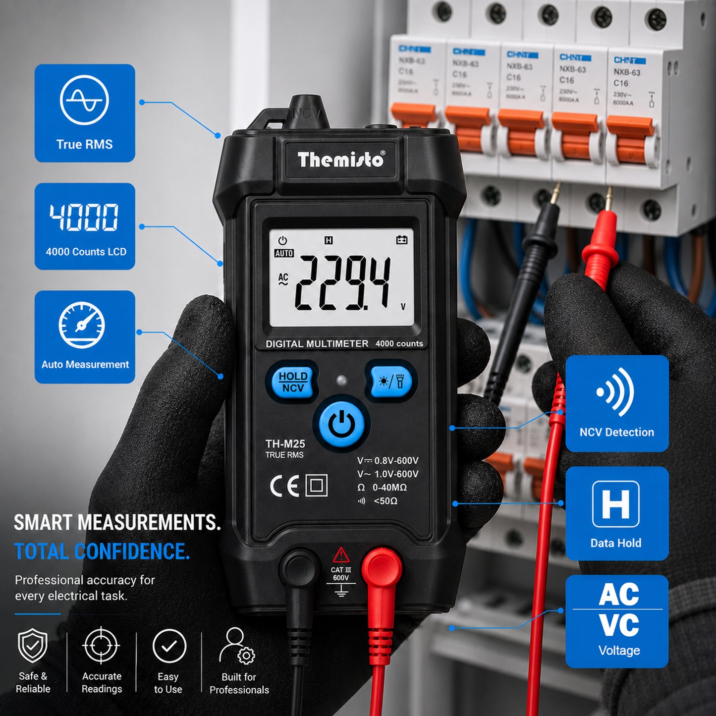 Themisto TH-M25 Digital Smart Multimeter | True RMS | 4000 Counts | Auto Detection | NCV Live Wire Detection | AC/DC Voltage Tester | Resistance & Continuity Tester | Backlit LCD Display