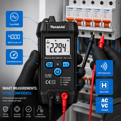 Themisto TH-M25 Digital Smart Multimeter | True RMS | 4000 Counts | Auto Detection | NCV Live Wire Detection | AC/DC Voltage Tester | Resistance & Continuity Tester | Backlit LCD Display