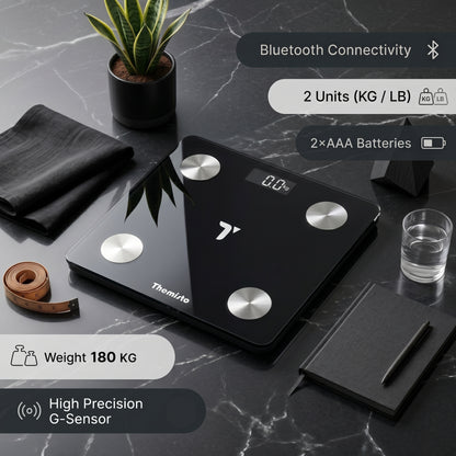 Themisto TH-WS100 Smart Body Weight Scale | Bluetooth App Sync |17 Body Parameters | Multi User Support | Accurate Tracking Ideal for Home and Gym Fitness | Black