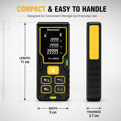 Themisto TH-LM80G Laser Distance Meter | Green Laser | 80M Range | Dual Bubble Levels | Area, Volume & Pythagorean Measurement | Backlit LCD Display | Auto Calculation