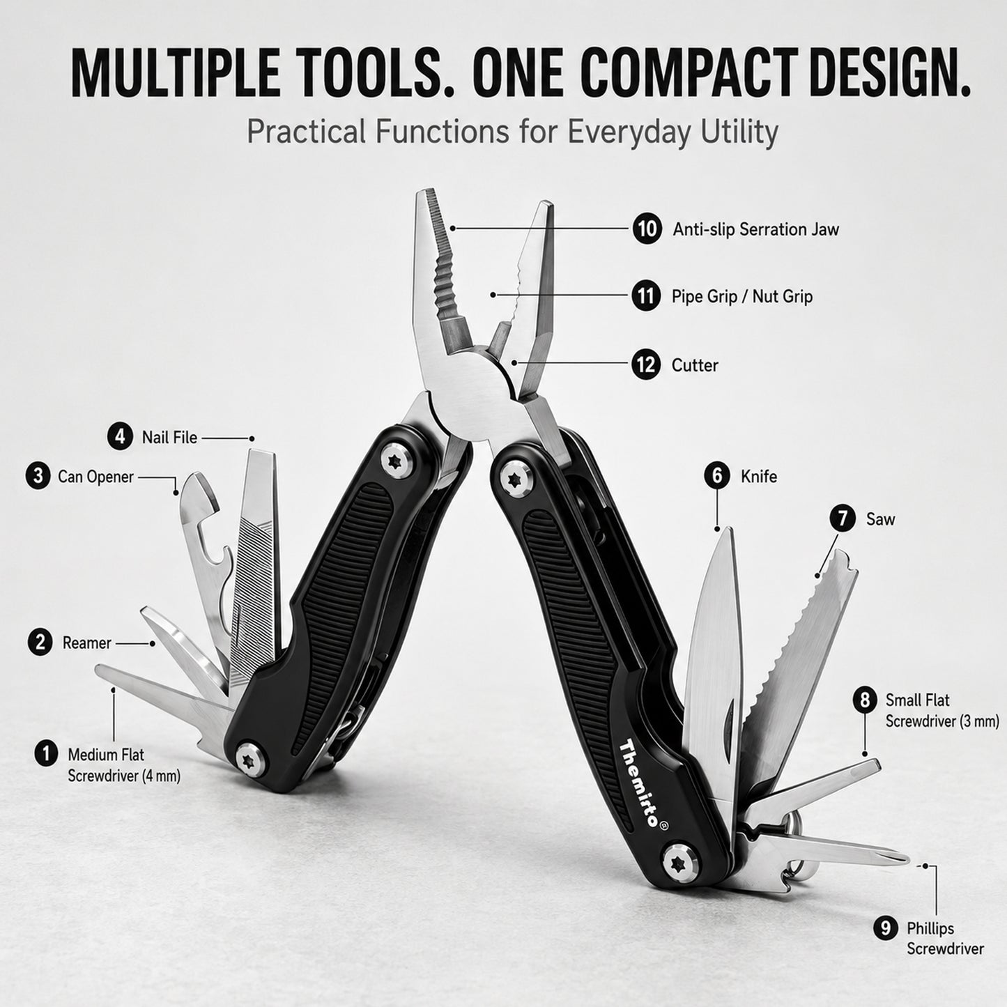 THEMISTO TH-T45 9-in-1 Multi Tool Pliers, Folding Multi Functional Hand Tool with Pliers, Knife, Saw, File, Screwdrivers & Bottle Opener, Portable Tool for DIY, Camping, Outdoor & Home Repairs