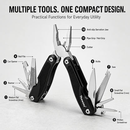 THEMISTO TH-T45 9-in-1 Multi Tool Pliers, Folding Multi Functional Hand Tool with Pliers, Knife, Saw, File, Screwdrivers & Bottle Opener, Portable Tool for DIY, Camping, Outdoor & Home Repairs