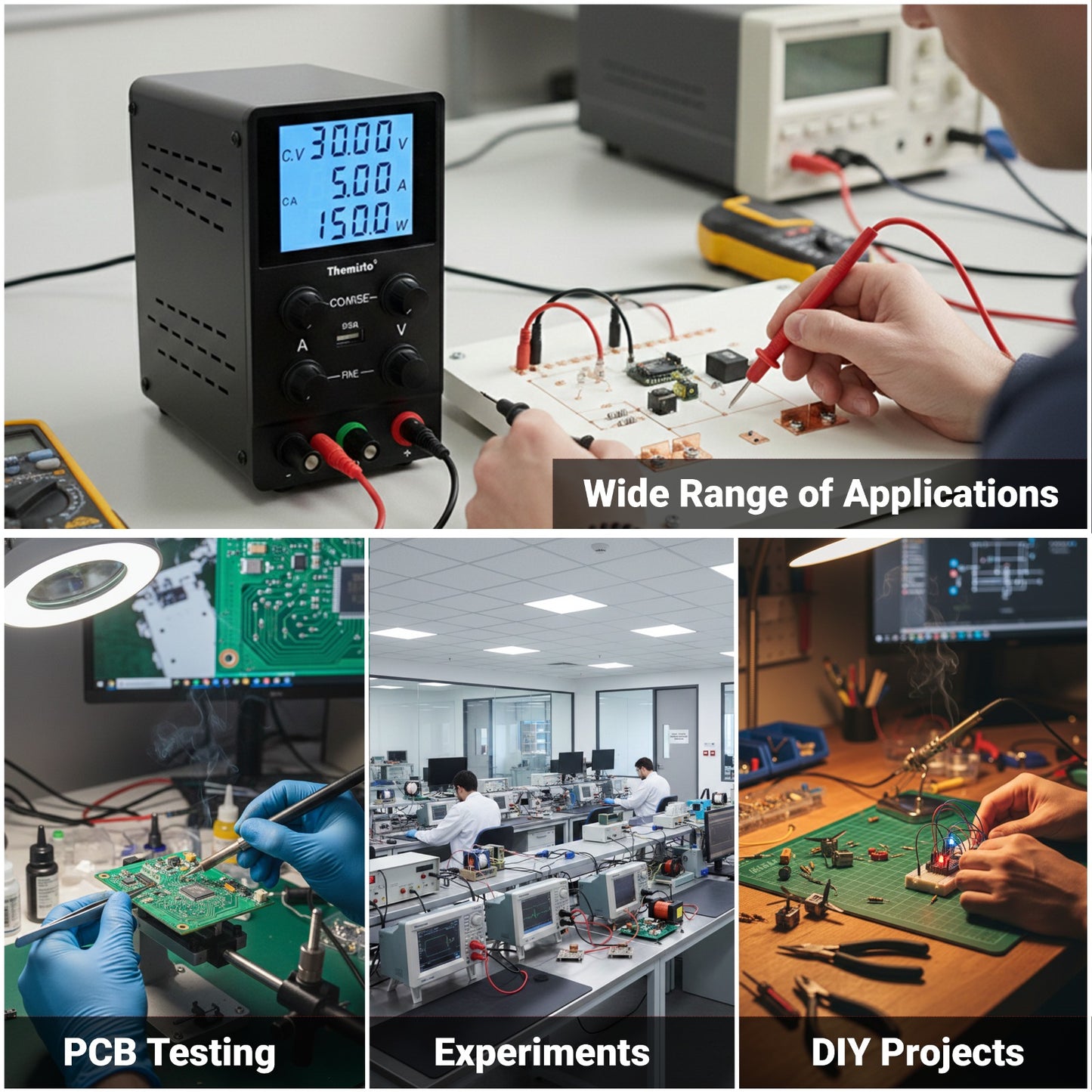 Themisto TH-SPS305D Adjustable DC Bench Power Supply 0–30V 0–5A, Regulated Switching Power Source with 5V/2A USB Output, 150W High Precision Lab Power Unit
